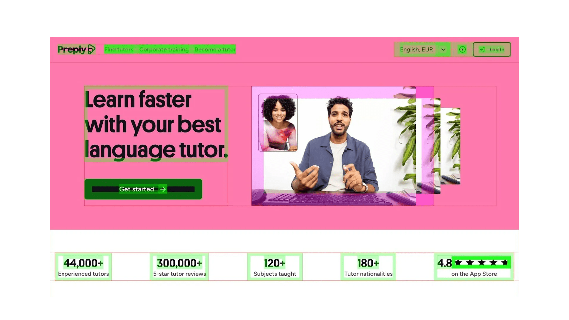 Alt text: Preply webpage with bright pink and green colors. Main text says, "Learn faster with your best language tutor," next to a video call image of a tutor and student. Buttons include “Get started” and “Log In.” Stats below highlight tutor count, reviews, subjects, nationalities, and a 4.8 App Store rating.