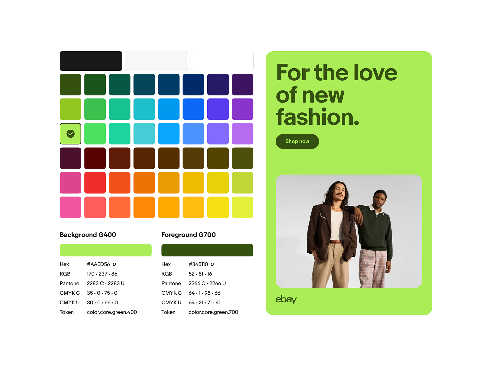There's a grid of colours to the left, and to the right a heading reading "For the love of new fashion" with an image underneath. Below the content a picker shows colours and their values.